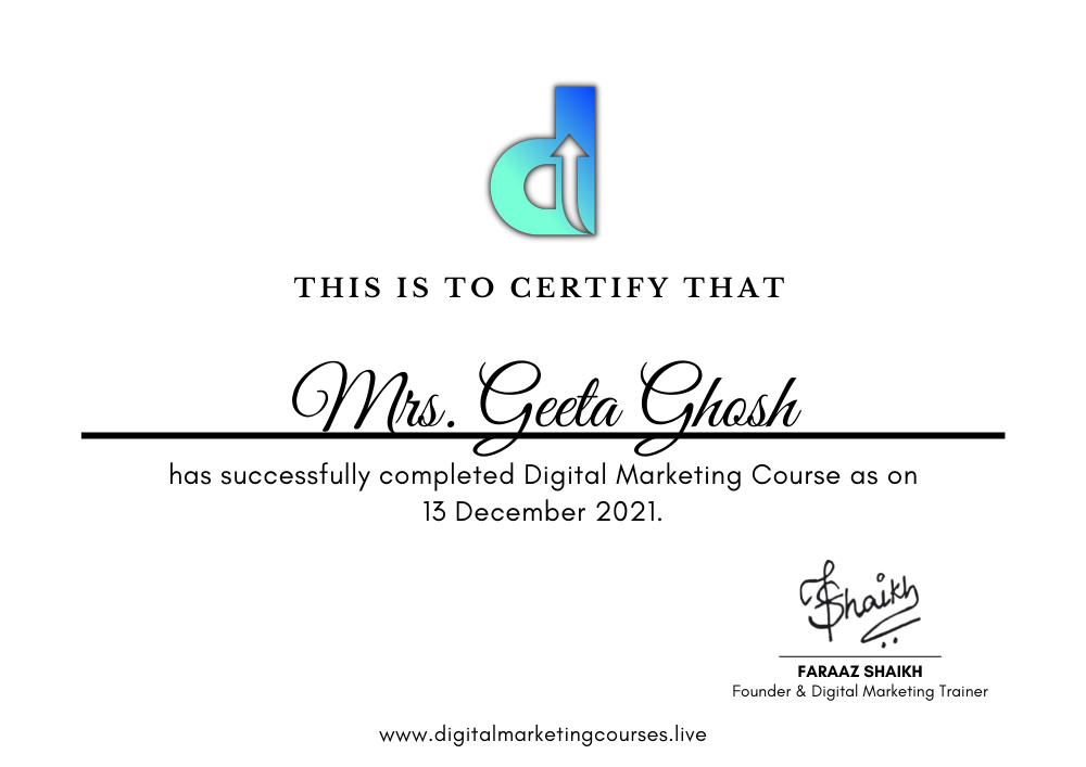 Digital Marketing Certificate Awarded to Mrs. Geeta Ghosh